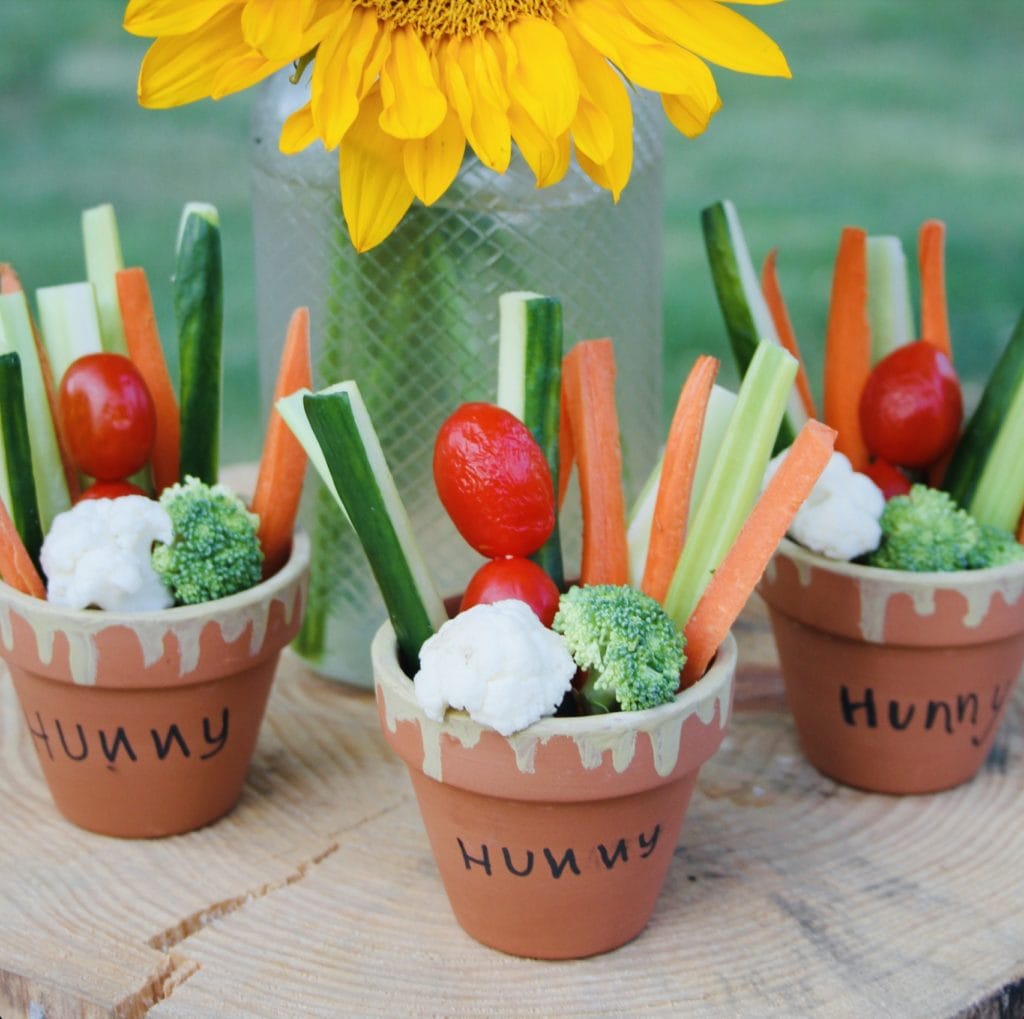 Rabbit's Veggie Pots with fresh vegetables and ranch dip in Hunny pots — Winnie the Pooh recipes