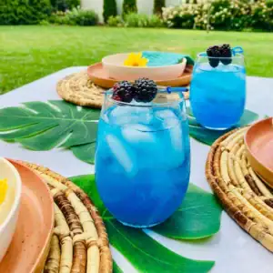 Aladdin's Blue Calypso Cooler mocktail in stemless glasses with vivid blue Calypso lemonade, ice, and fresh blackberry garnish on blue cocktail picks, styled on a tropical table with monstera leaves and woven placemats for an Enchanted Tiki Room Disney brunch.