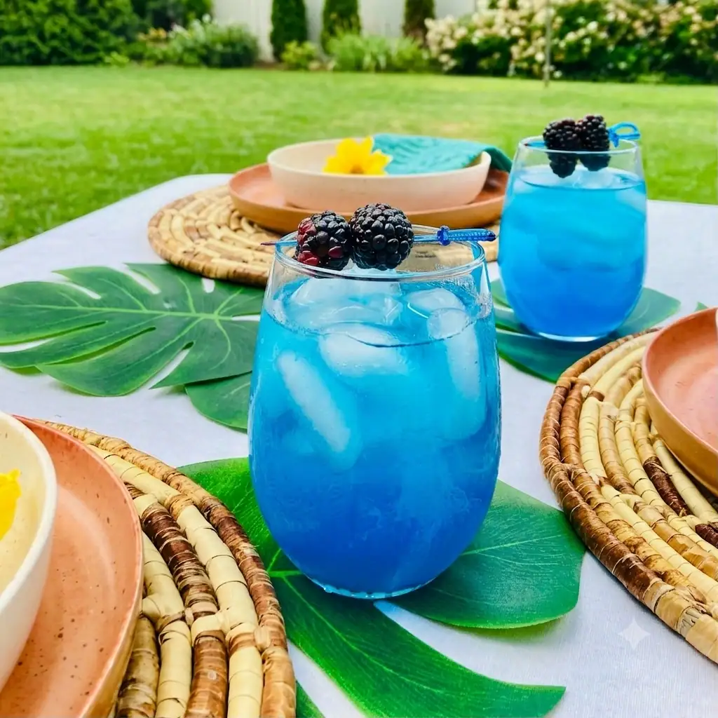 Aladdin's Blue Calypso Cooler mocktail in stemless glasses with vivid blue Calypso lemonade, ice, and fresh blackberry garnish on blue cocktail picks, styled on a tropical table with monstera leaves and woven placemats for an Enchanted Tiki Room Disney brunch.