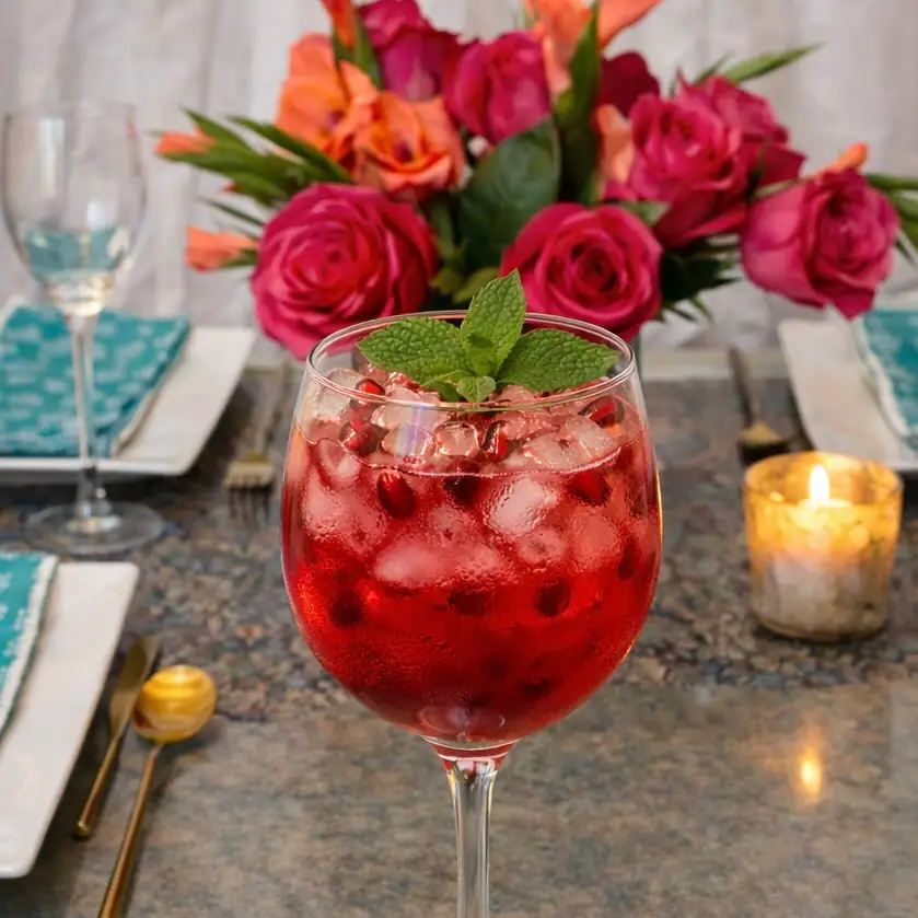 Pomegranate Sparkler Mocktail garnished with Mint