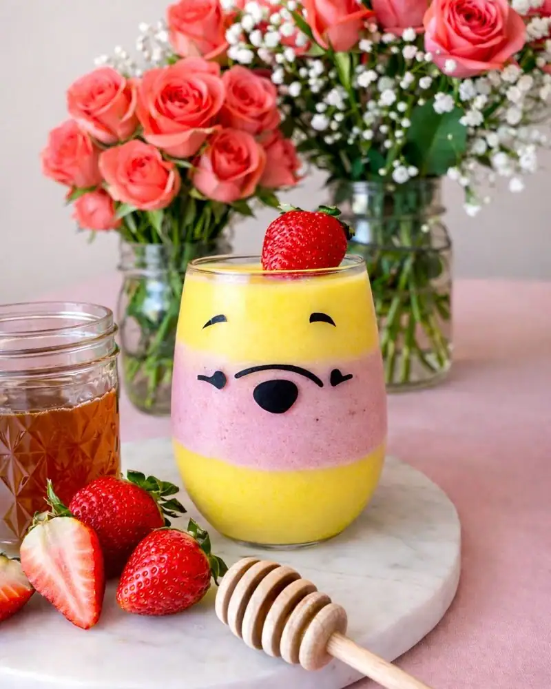 Layered Pooh smoothie with pink strawberry and golden mango layers in clear glass — Winnie the Pooh recipes